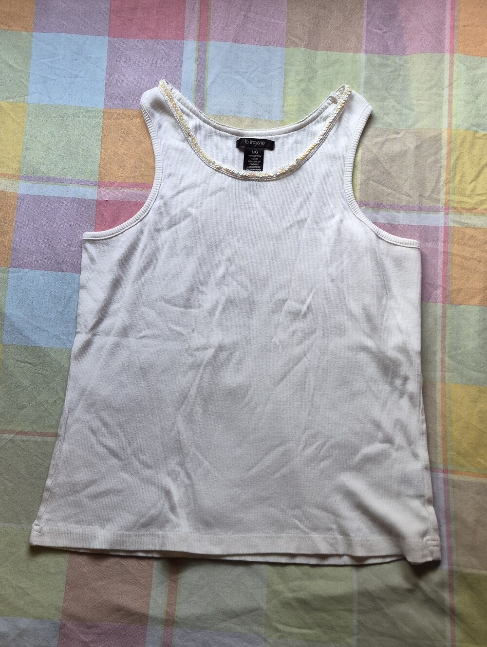2000s Sleeveless Sequin Neck Tank Top - White